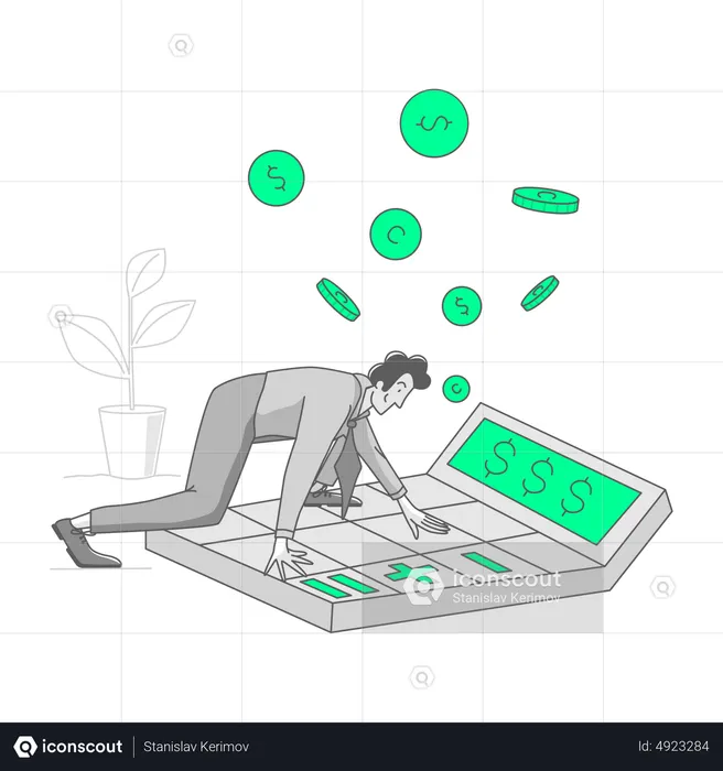 Homem conta lucros em uma calculadora  Ilustração