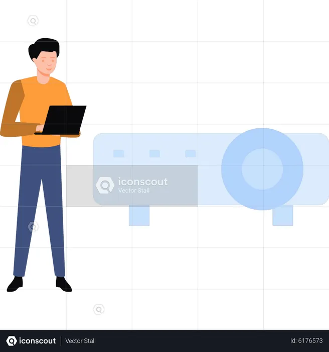 Homem controlando projetor no laptop  Ilustração