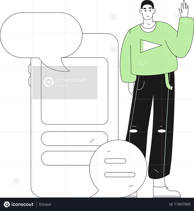 Homem conversa on-line através das redes sociais  Ilustração