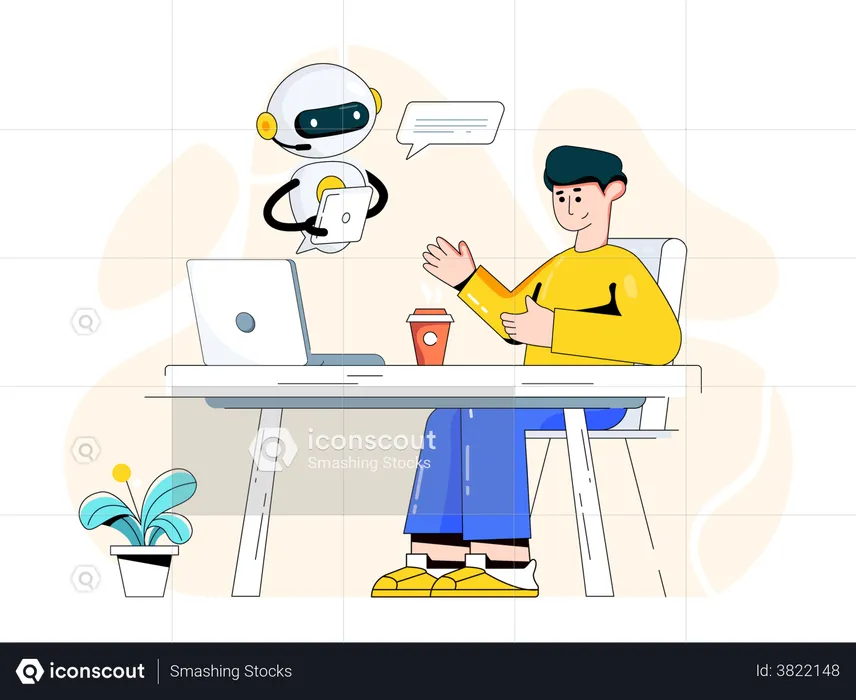 Homem conversando com robô  Ilustração