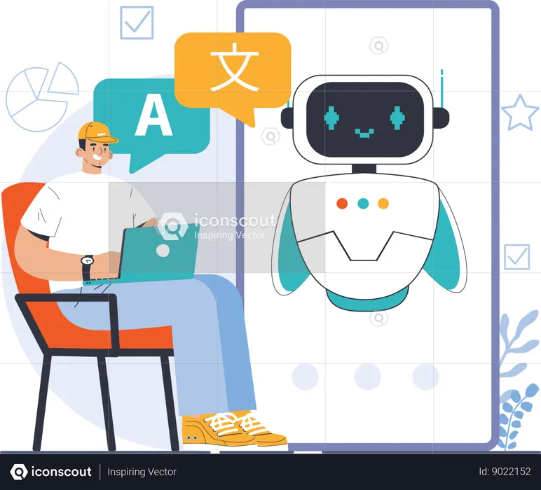 Homem convertendo idioma usando chatbot  Ilustração