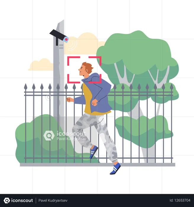 Homem correndo no parque Câmera de CFTV monitorando ruas da cidade  Ilustração