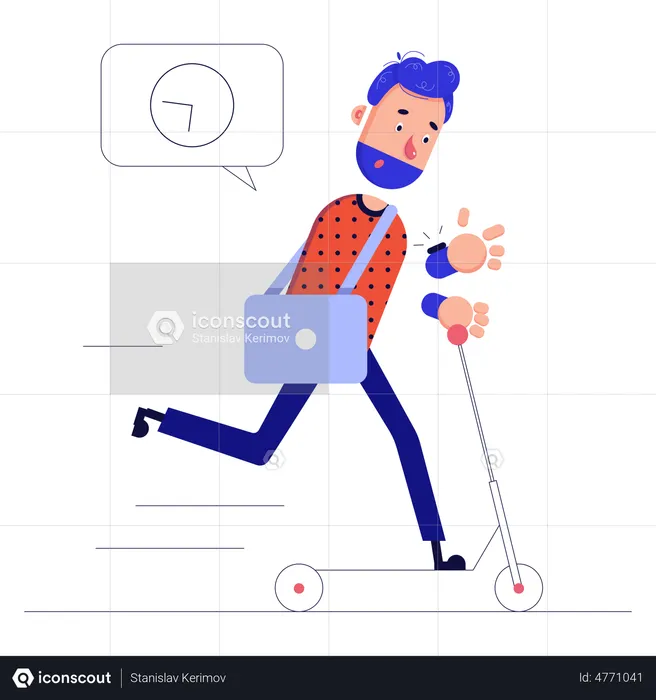 Homem correndo para trabalhar em uma scooter  Ilustração