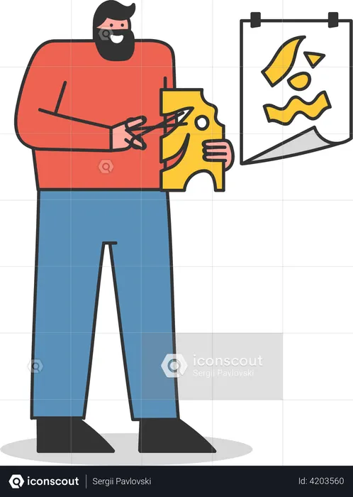 Homem cortando papel e fazendo resumo  Ilustração