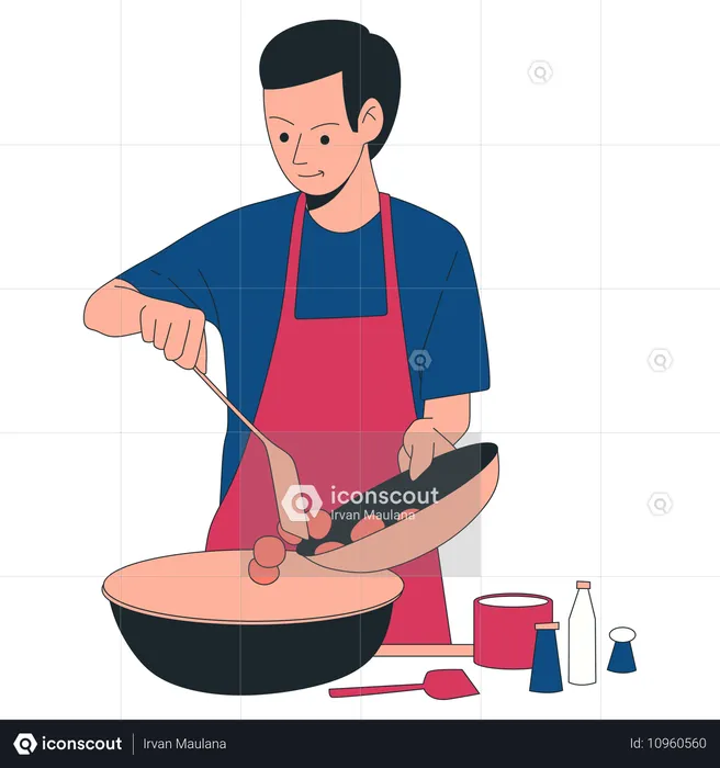 Homem cozinhando na cozinha  Ilustração