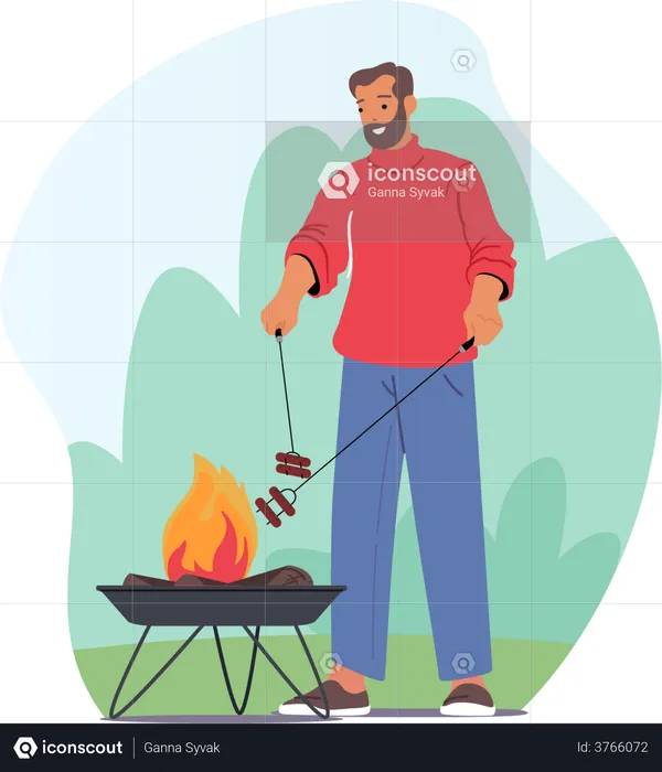 Homem cozinhando salsicha na fogueira  Ilustração