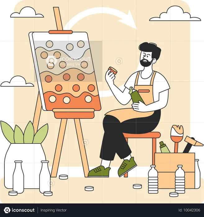Homem cria arte usando ferramentas de reciclagem  Ilustração