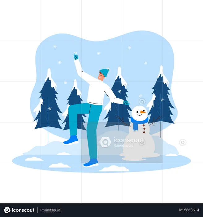 Homem dançando na neve e fazendo boneco de neve  Ilustração