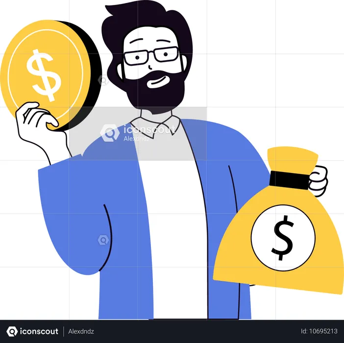 Homem de barba segurando um dólar e uma bolsa de dinheiro  Ilustração