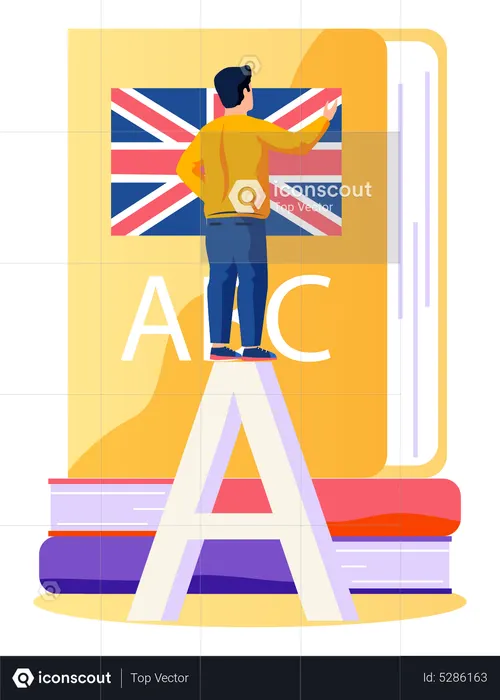 Homem de pé e aprendendo inglês com um grande livro  Ilustração