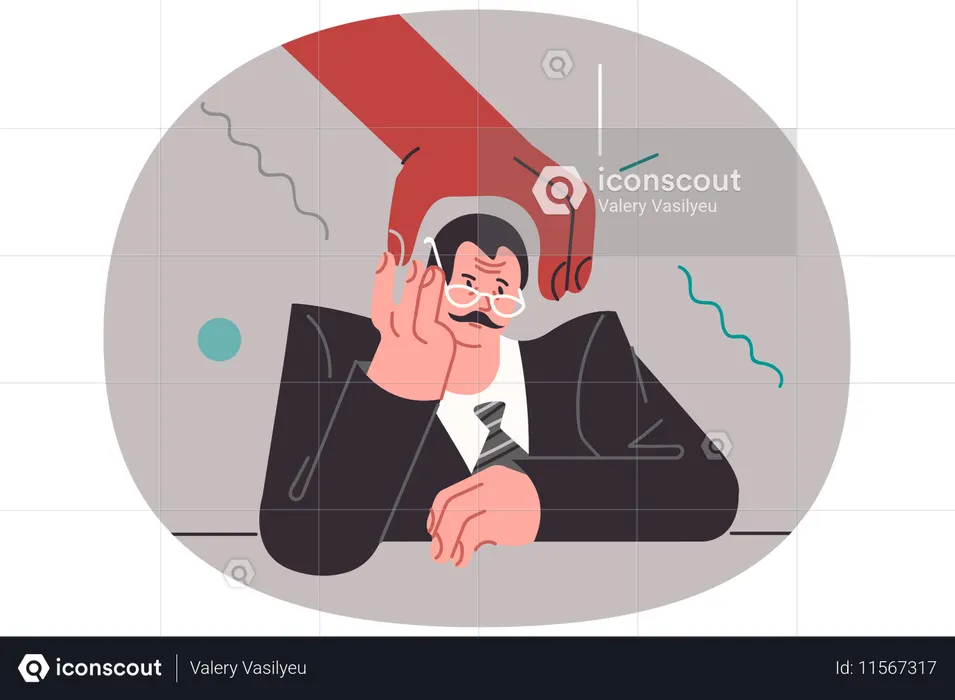 Homem de negócios apático se sentindo estressado devido à ameaça de demissão e perda de emprego sentado perto de uma grande mão  Ilustração