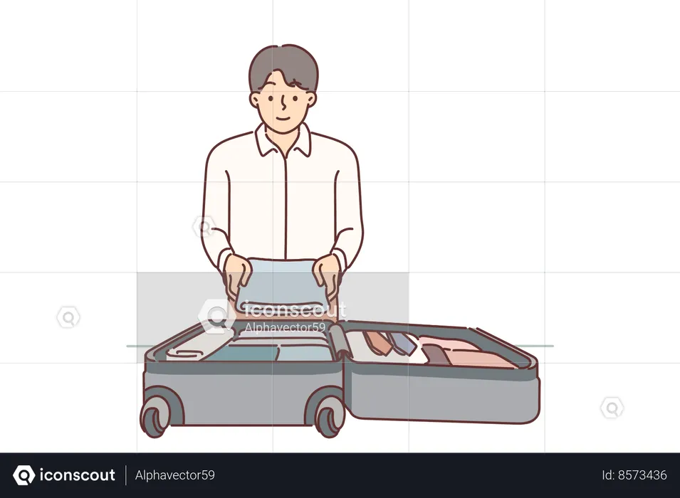 Homem de negócios coloca roupas na mala em viagem oficial  Ilustração