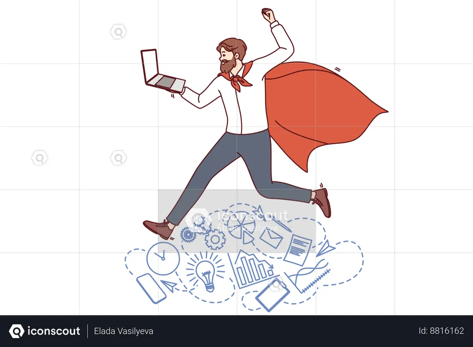 Homem de negócios com capa de super-herói segura laptop  Ilustração