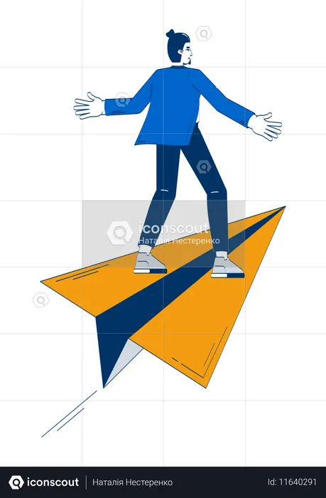 Homem de negócios confiante viajando em um grande avião de papel  Ilustração