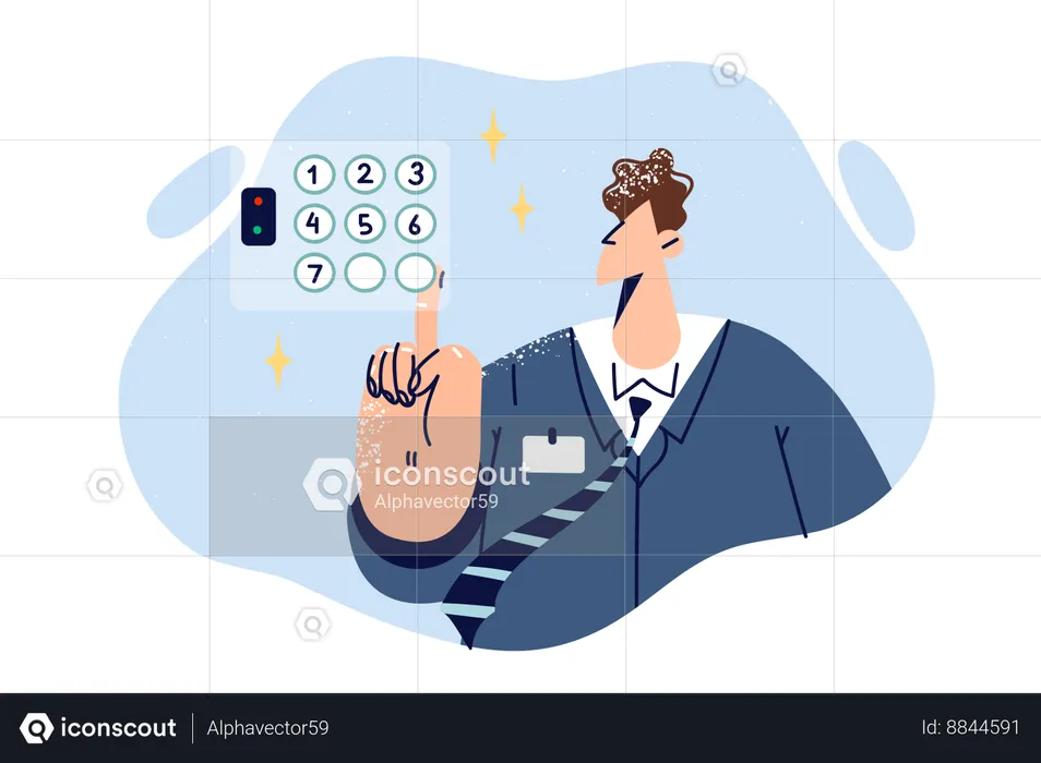 Homem de negócios insere a senha pressionando botões numéricos com o dedo para obter acesso  Ilustração
