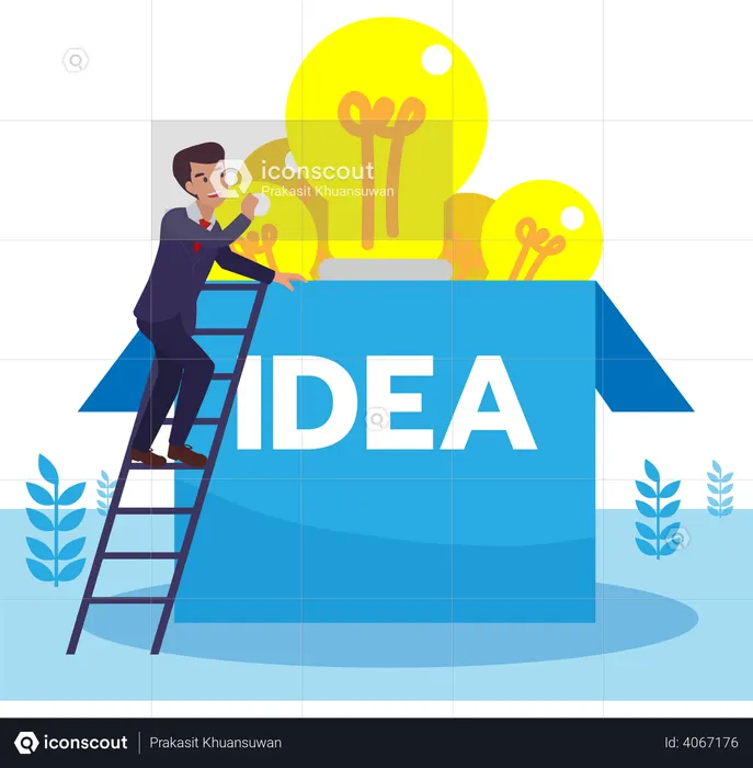 Homem de negócios em busca de uma ideia criativa. Homem de negócios subindo para encontrar uma ideia acima da caixa. Ilustração em vetor design plano  Ilustração