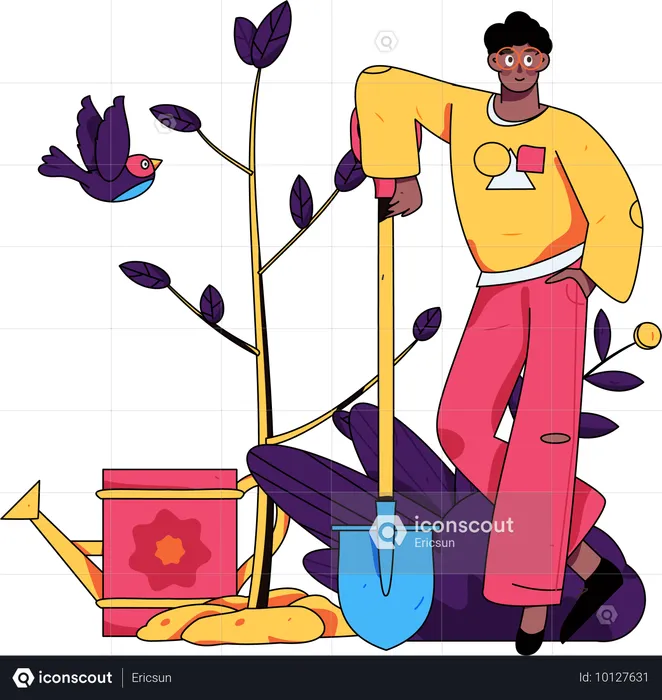 Homem de pé com uma pá perto da planta  Ilustração