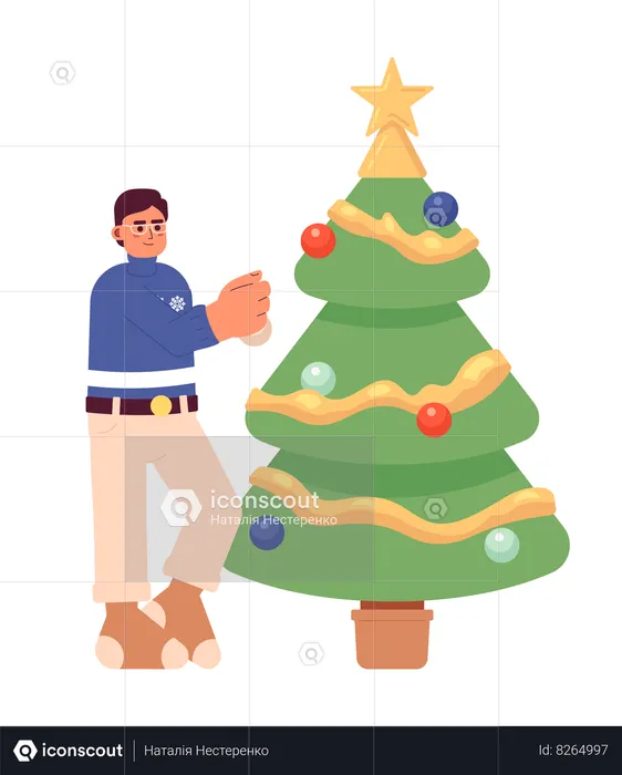 Homem Decorando Árvore De Natal  Ilustração