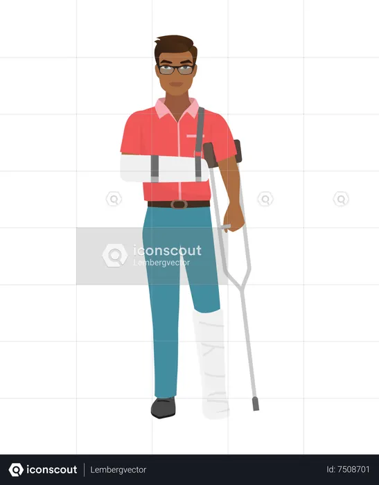 Homem deficiente com fratura na mão e na perna  Ilustração