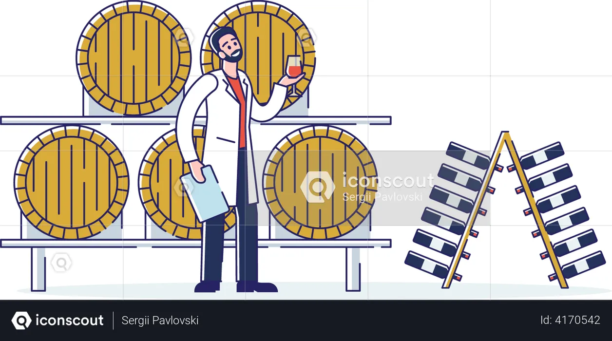 Homem Degustando Vinho Na Adega Com Barris De Madeira  Illustration