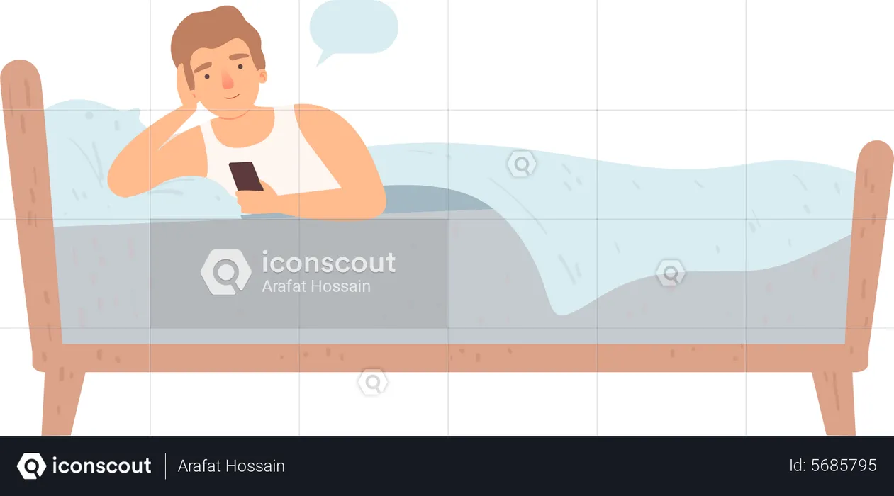Homem deitado na cama e usando celular  Ilustração