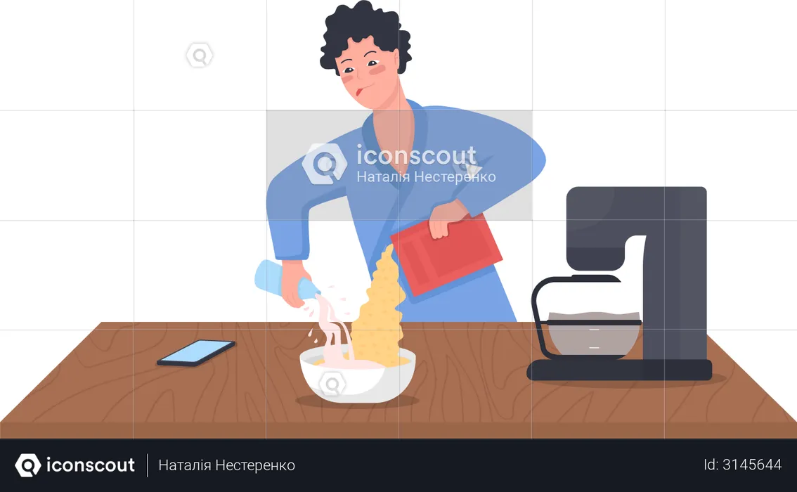 Homem derramando leite em cereal  Ilustração