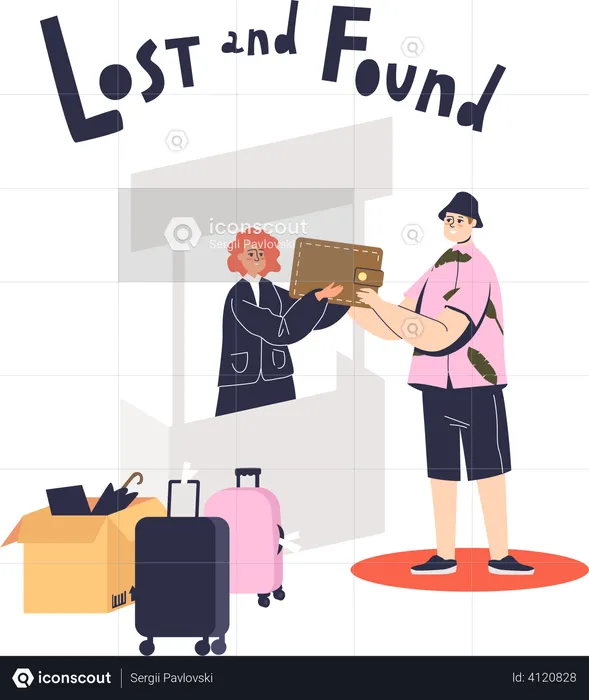 Homem devolvendo carteira perdida para serviço de achados e perdidos  Ilustração