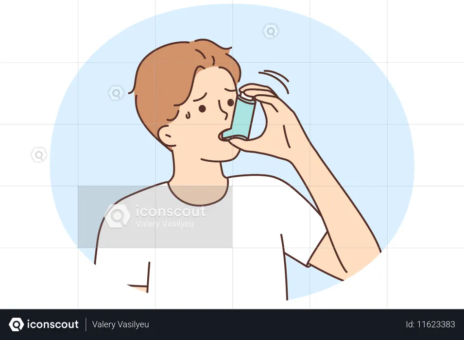 Homem doente sofre de asma e usa inalador  Ilustração