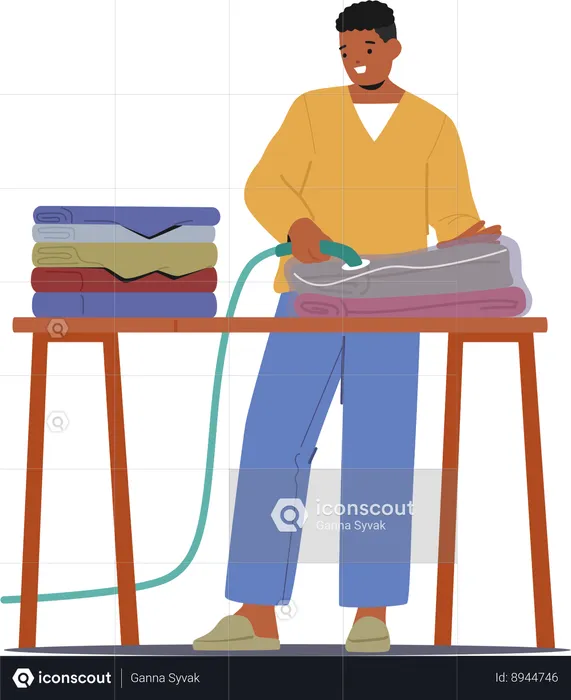 O homem está aspirando com eficiência roupas seladas em um saco  Ilustração