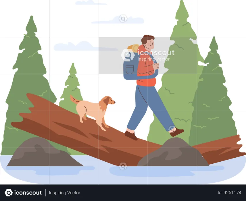 Homem e cachorro andando na raiz de uma árvore  Ilustração