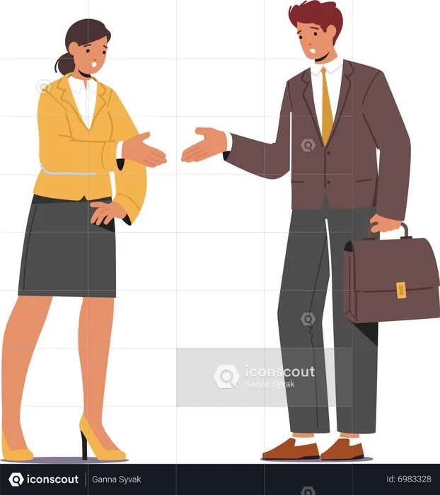 Homem e mulher apertando as mãos conversando  Ilustração