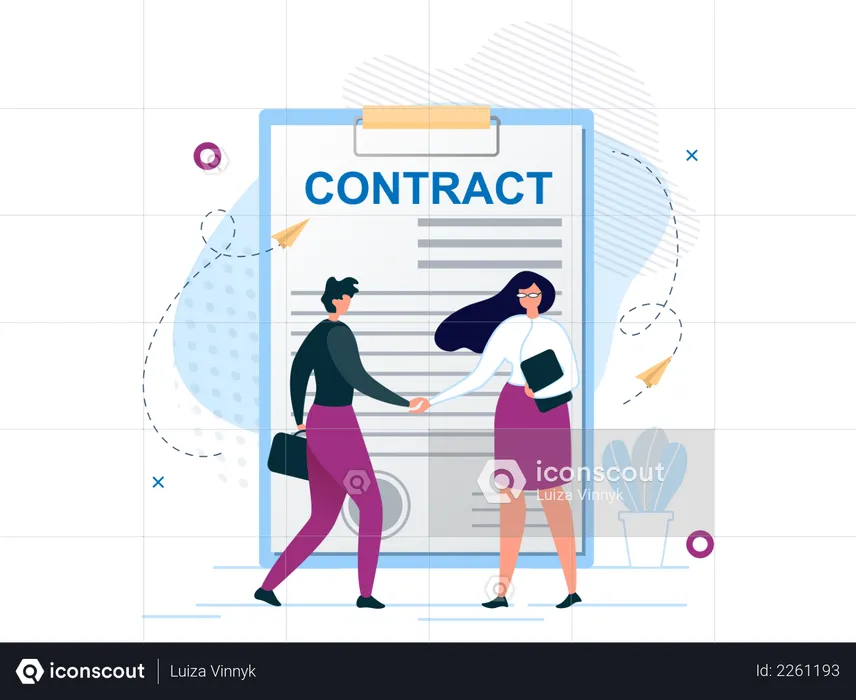 Homem e mulher apertando as mãos concordam em assinar contrato  Ilustração