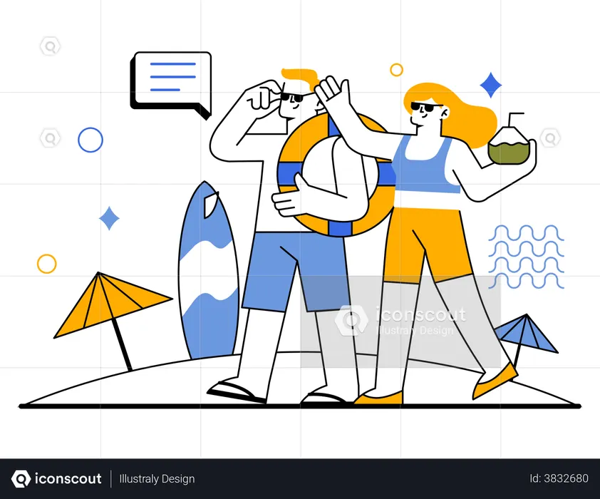 Homem e mulher caminhando juntos na praia  Ilustração