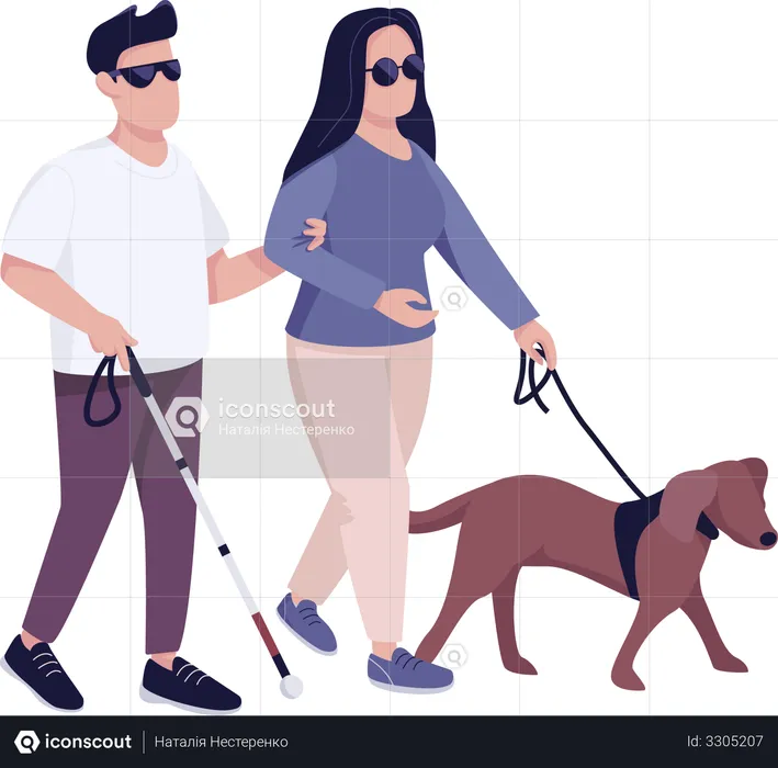 Homem cego e mulher com cão-guia  Ilustração