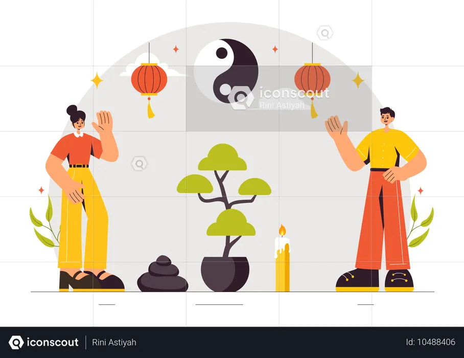 Homem e mulher com elementos do Feng Shui  Ilustração