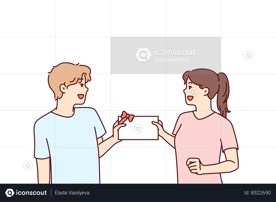 Homem e mulher com vale-presente nas mãos  Ilustração