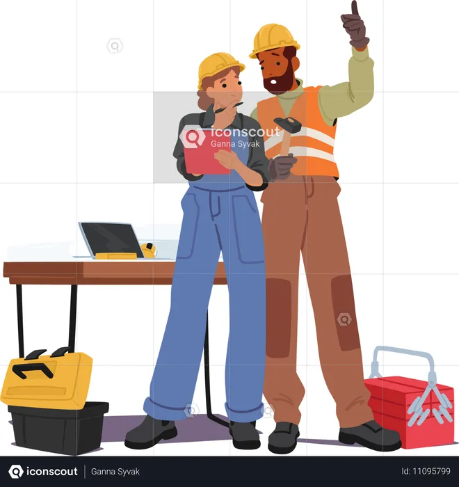 Homem e mulher construtores ou empreiteiros ficam um ao lado do outro na mesa com laptop e ferramentas ao redor  Ilustração