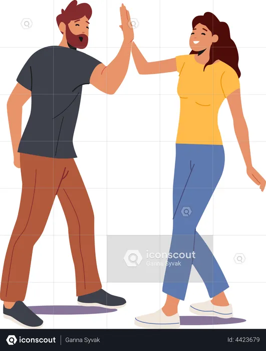 Masculino e feminino dando high five  Ilustração