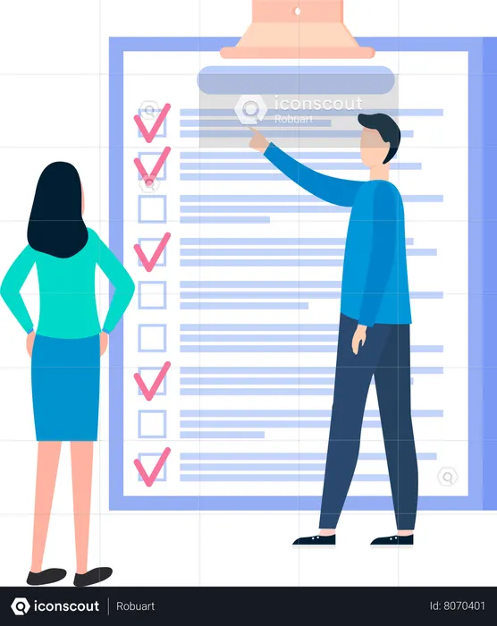 Homem e mulher próximos para fazer lista e discutir cronograma  Ilustração