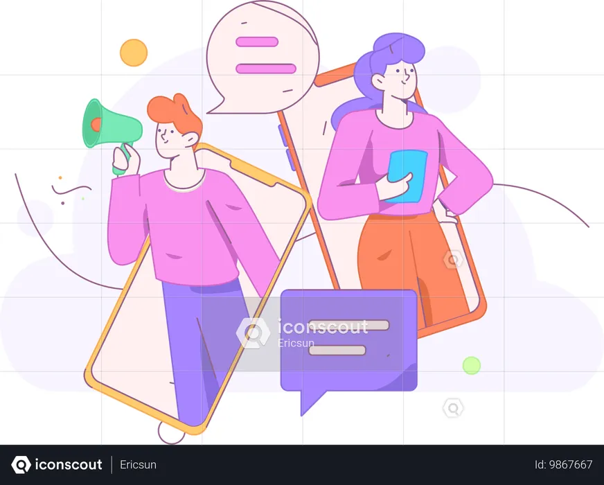 Homem e mulher fazendo comunicação online  Ilustração