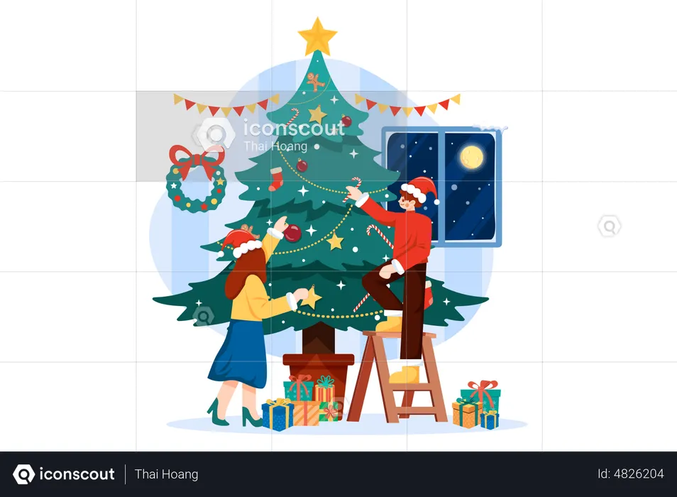 Homem e mulher fazendo decoração de árvore de Natal  Ilustração