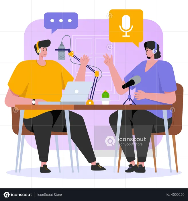 Homem e mulher gravando uma conversa em podcast  Ilustração