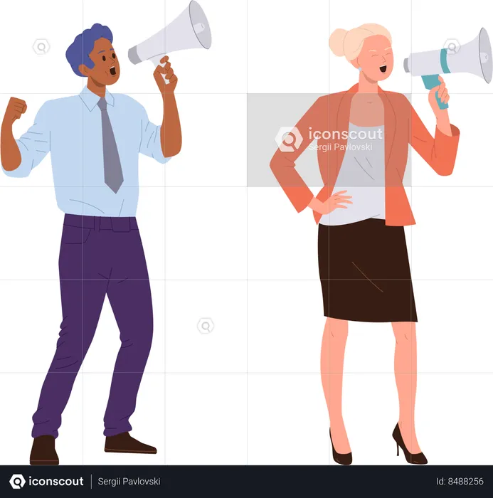 Influenciador de homem e mulher anunciando em alto-falante  Ilustração