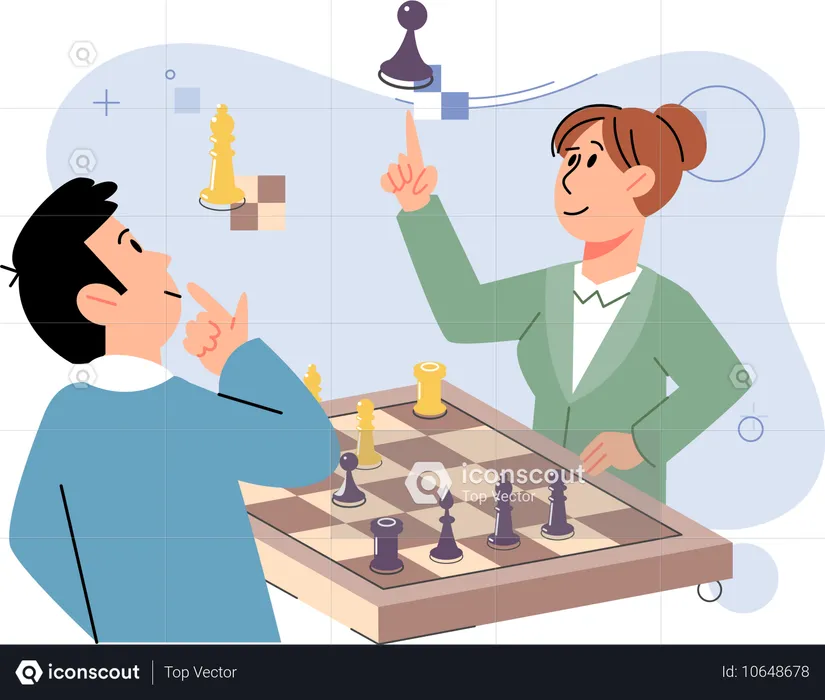 Homem e mulher jogando xadrez na mesa  Ilustração