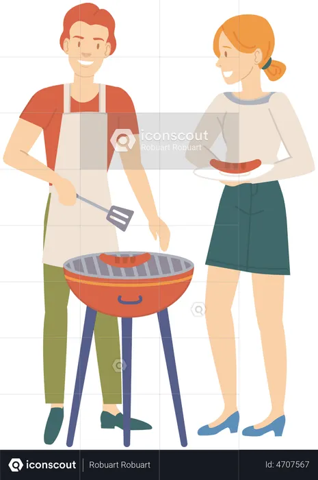 Homem e mulher preparando bife para piquenique  Ilustração