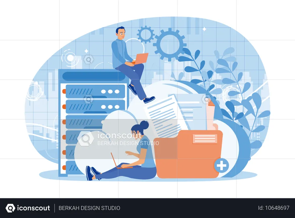 Homem e mulher processando dados on-line e adicionando arquivos ao data center  Ilustração