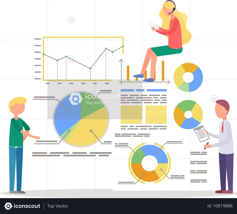 Homem e mulher trabalhando em gráficos de análise de negócios  Ilustração