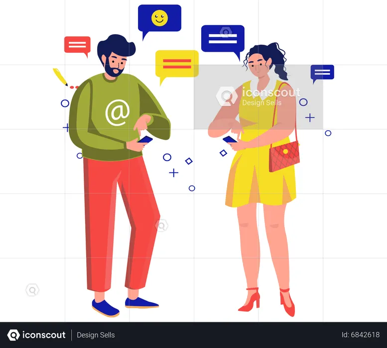 Homem e mulher usando smartphones  Ilustração