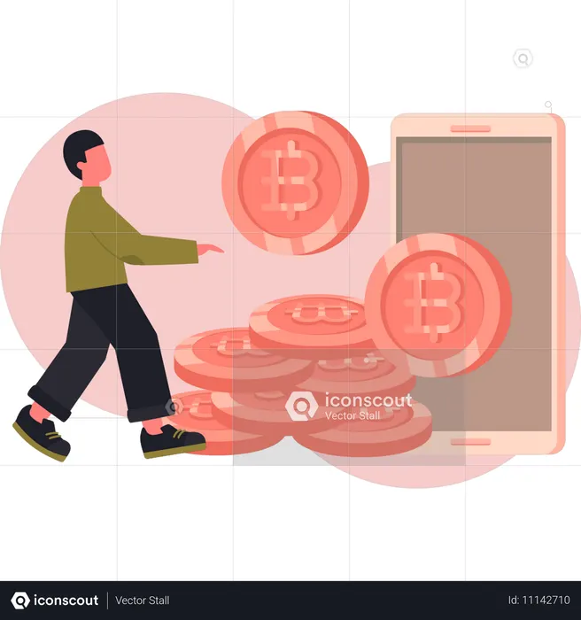 Homem economizando dinheiro no celular  Ilustração