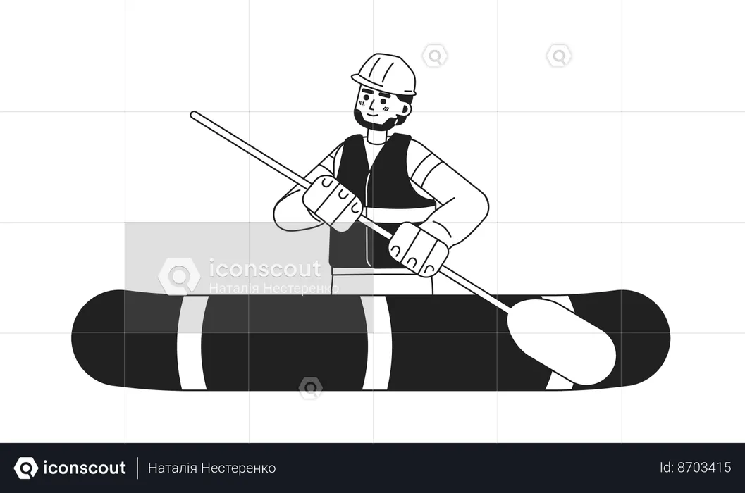 Homem no barco inflável remando  Ilustração